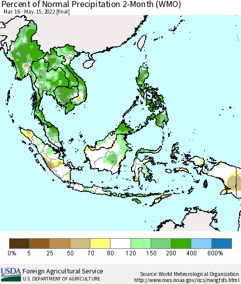 South East Asia Percent of Normal Precipitation 2-Month (WMO) Thematic Map For 3/16/2022 - 5/15/2022