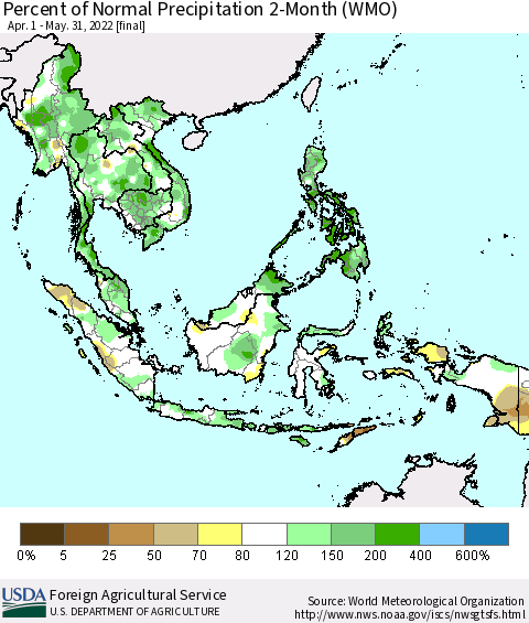 South East Asia Percent of Normal Precipitation 2-Month (WMO) Thematic Map For 4/1/2022 - 5/31/2022