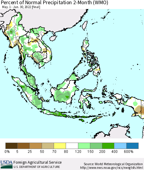 South East Asia Percent of Normal Precipitation 2-Month (WMO) Thematic Map For 5/1/2022 - 6/30/2022