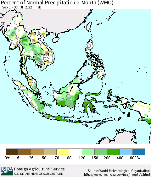 South East Asia Percent of Normal Precipitation 2-Month (WMO) Thematic Map For 9/1/2022 - 10/31/2022