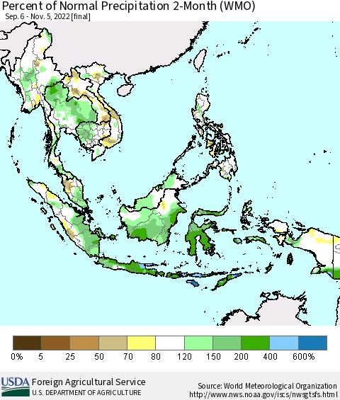South East Asia Percent of Normal Precipitation 2-Month (WMO) Thematic Map For 9/6/2022 - 11/5/2022