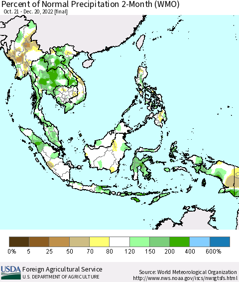 South East Asia Percent of Normal Precipitation 2-Month (WMO) Thematic Map For 10/21/2022 - 12/20/2022