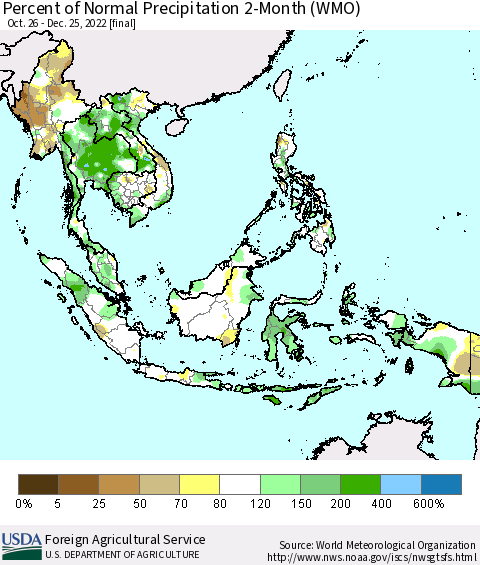 South East Asia Percent of Normal Precipitation 2-Month (WMO) Thematic Map For 10/26/2022 - 12/25/2022