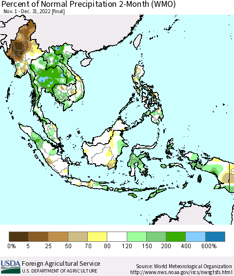 South East Asia Percent of Normal Precipitation 2-Month (WMO) Thematic Map For 11/1/2022 - 12/31/2022