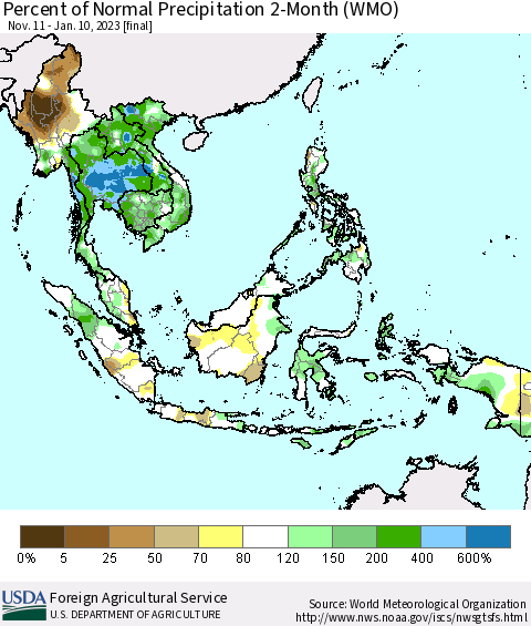 South East Asia Percent of Normal Precipitation 2-Month (WMO) Thematic Map For 11/11/2022 - 1/10/2023