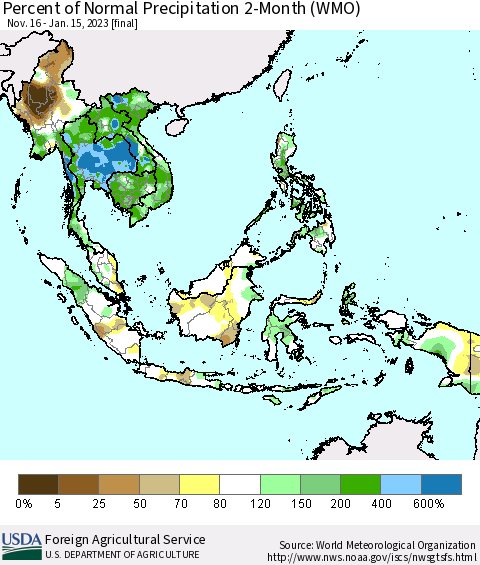 South East Asia Percent of Normal Precipitation 2-Month (WMO) Thematic Map For 11/16/2022 - 1/15/2023