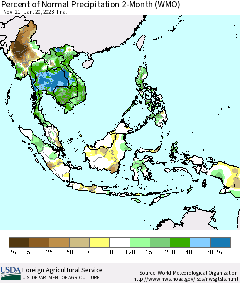 South East Asia Percent of Normal Precipitation 2-Month (WMO) Thematic Map For 11/21/2022 - 1/20/2023