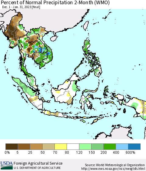 South East Asia Percent of Normal Precipitation 2-Month (WMO) Thematic Map For 12/1/2022 - 1/31/2023