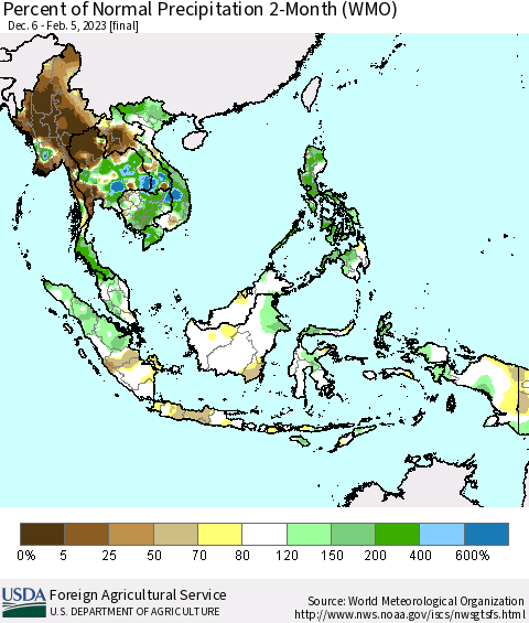 South East Asia Percent of Normal Precipitation 2-Month (WMO) Thematic Map For 12/6/2022 - 2/5/2023