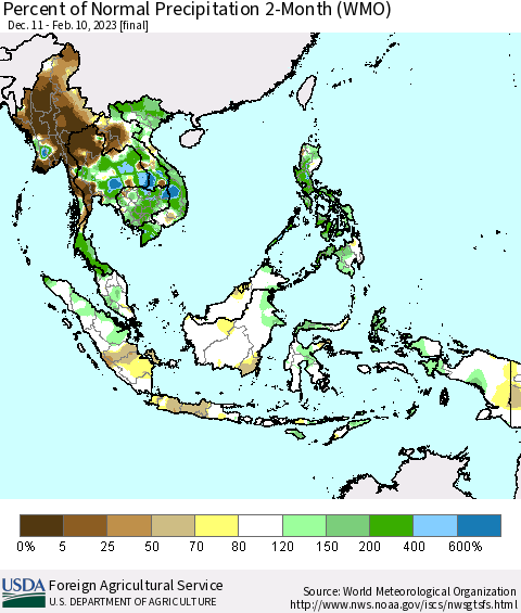 South East Asia Percent of Normal Precipitation 2-Month (WMO) Thematic Map For 12/11/2022 - 2/10/2023