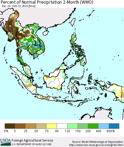 South East Asia Percent of Normal Precipitation 2-Month (WMO) Thematic Map For 12/16/2022 - 2/15/2023