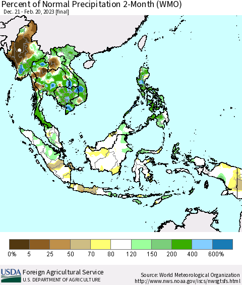 South East Asia Percent of Normal Precipitation 2-Month (WMO) Thematic Map For 12/21/2022 - 2/20/2023