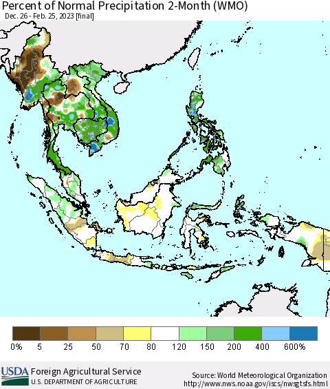 South East Asia Percent of Normal Precipitation 2-Month (WMO) Thematic Map For 12/26/2022 - 2/25/2023