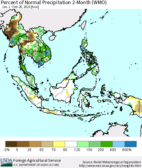 South East Asia Percent of Normal Precipitation 2-Month (WMO) Thematic Map For 1/1/2023 - 2/28/2023