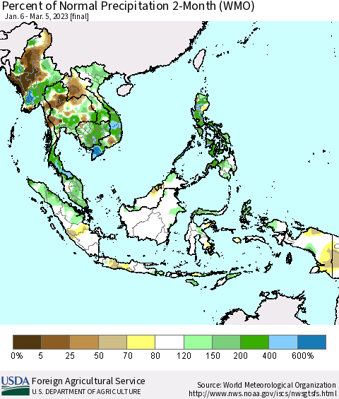 South East Asia Percent of Normal Precipitation 2-Month (WMO) Thematic Map For 1/6/2023 - 3/5/2023