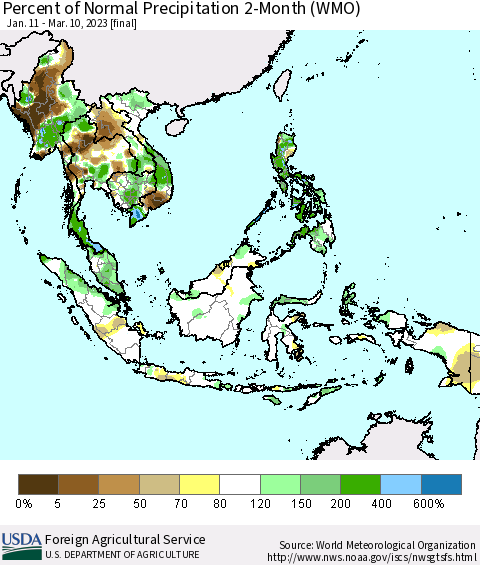 South East Asia Percent of Normal Precipitation 2-Month (WMO) Thematic Map For 1/11/2023 - 3/10/2023