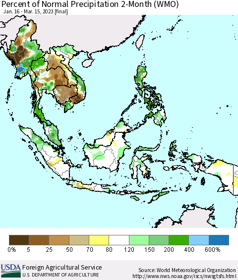 South East Asia Percent of Normal Precipitation 2-Month (WMO) Thematic Map For 1/16/2023 - 3/15/2023
