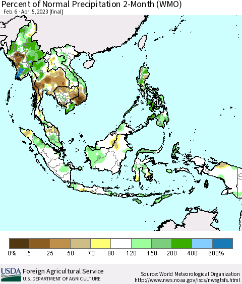 South East Asia Percent of Normal Precipitation 2-Month (WMO) Thematic Map For 2/6/2023 - 4/5/2023