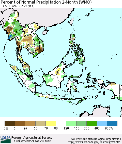 South East Asia Percent of Normal Precipitation 2-Month (WMO) Thematic Map For 2/11/2023 - 4/10/2023