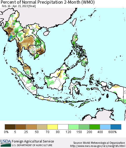South East Asia Percent of Normal Precipitation 2-Month (WMO) Thematic Map For 2/16/2023 - 4/15/2023