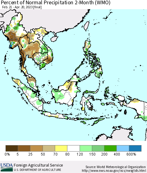 South East Asia Percent of Normal Precipitation 2-Month (WMO) Thematic Map For 2/21/2023 - 4/20/2023