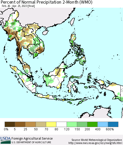 South East Asia Percent of Normal Precipitation 2-Month (WMO) Thematic Map For 2/26/2023 - 4/25/2023