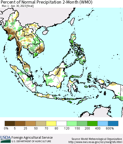 South East Asia Percent of Normal Precipitation 2-Month (WMO) Thematic Map For 3/1/2023 - 4/30/2023