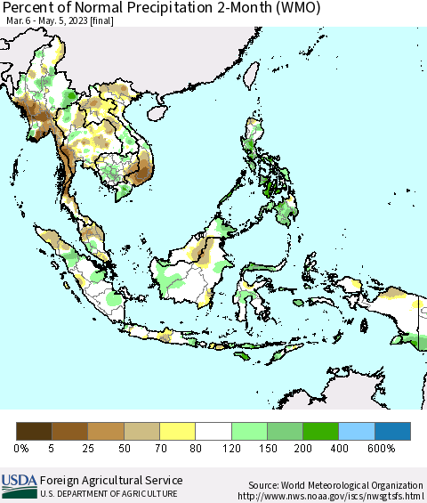 South East Asia Percent of Normal Precipitation 2-Month (WMO) Thematic Map For 3/6/2023 - 5/5/2023