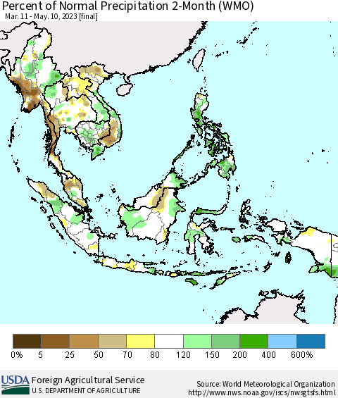 South East Asia Percent of Normal Precipitation 2-Month (WMO) Thematic Map For 3/11/2023 - 5/10/2023