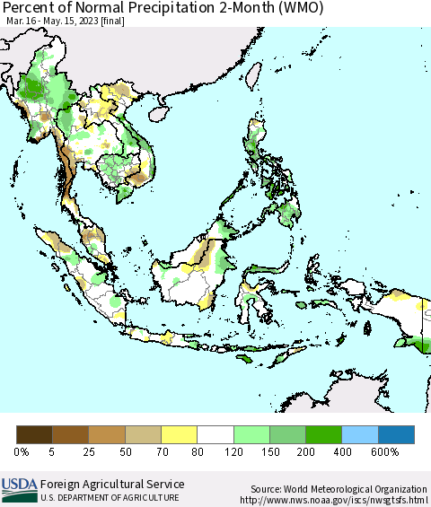 South East Asia Percent of Normal Precipitation 2-Month (WMO) Thematic Map For 3/16/2023 - 5/15/2023