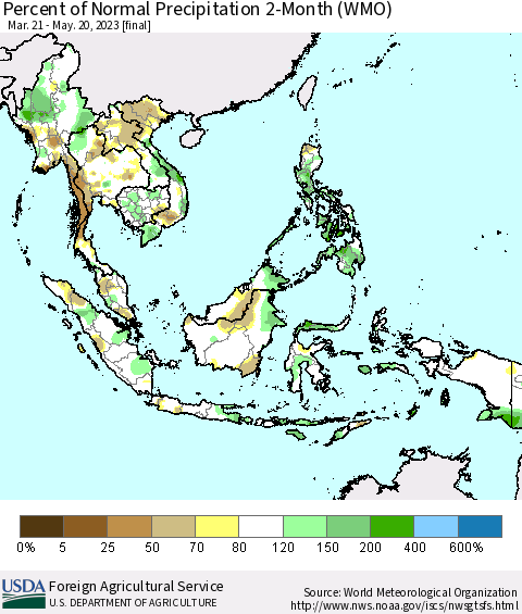 South East Asia Percent of Normal Precipitation 2-Month (WMO) Thematic Map For 3/21/2023 - 5/20/2023