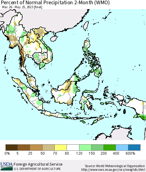South East Asia Percent of Normal Precipitation 2-Month (WMO) Thematic Map For 3/26/2023 - 5/25/2023
