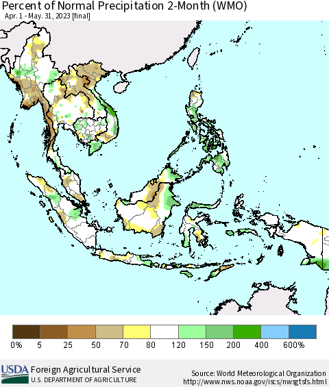 South East Asia Percent of Normal Precipitation 2-Month (WMO) Thematic Map For 4/1/2023 - 5/31/2023