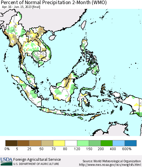 South East Asia Percent of Normal Precipitation 2-Month (WMO) Thematic Map For 4/16/2023 - 6/15/2023
