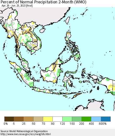 South East Asia Percent of Normal Precipitation 2-Month (WMO) Thematic Map For 4/26/2023 - 6/25/2023