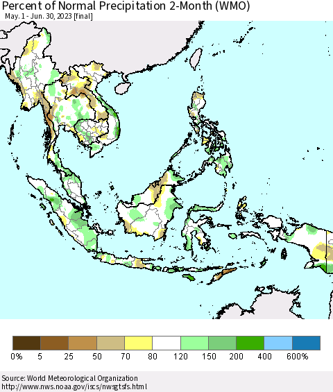 South East Asia Percent of Normal Precipitation 2-Month (WMO) Thematic Map For 5/1/2023 - 6/30/2023