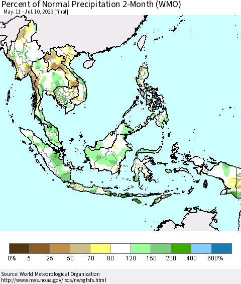 South East Asia Percent of Normal Precipitation 2-Month (WMO) Thematic Map For 5/11/2023 - 7/10/2023