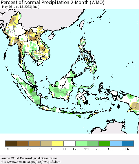 South East Asia Percent of Normal Precipitation 2-Month (WMO) Thematic Map For 5/16/2023 - 7/15/2023