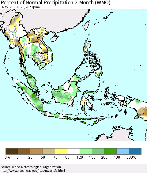 South East Asia Percent of Normal Precipitation 2-Month (WMO) Thematic Map For 5/21/2023 - 7/20/2023