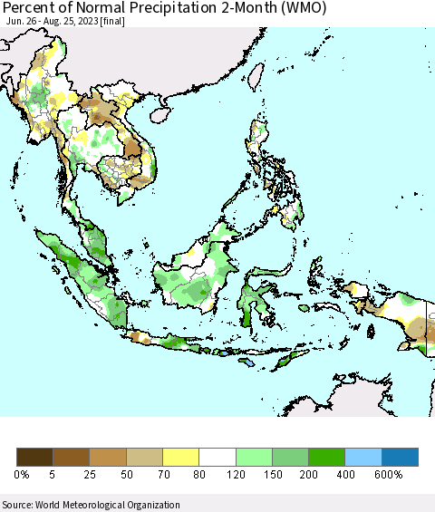 South East Asia Percent of Normal Precipitation 2-Month (WMO) Thematic Map For 6/26/2023 - 8/25/2023