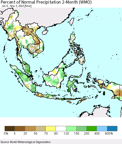 South East Asia Percent of Normal Precipitation 2-Month (WMO) Thematic Map For 7/6/2023 - 9/5/2023