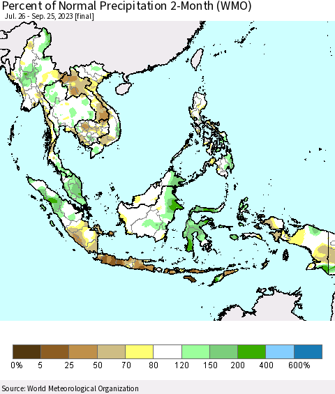 South East Asia Percent of Normal Precipitation 2-Month (WMO) Thematic Map For 7/26/2023 - 9/25/2023