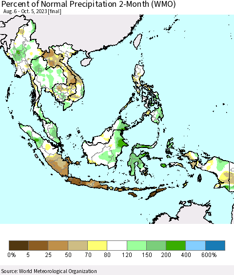 South East Asia Percent of Normal Precipitation 2-Month (WMO) Thematic Map For 8/6/2023 - 10/5/2023