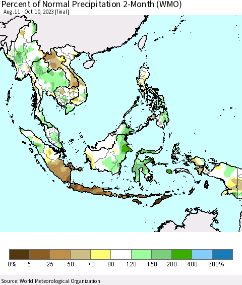 South East Asia Percent of Normal Precipitation 2-Month (WMO) Thematic Map For 8/11/2023 - 10/10/2023