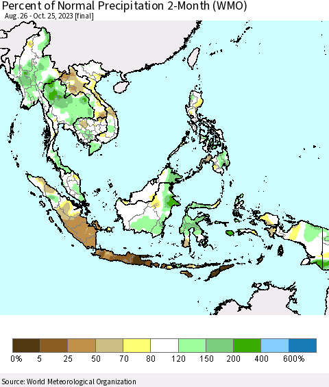 South East Asia Percent of Normal Precipitation 2-Month (WMO) Thematic Map For 8/26/2023 - 10/25/2023