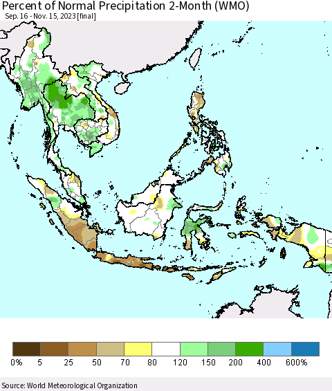 South East Asia Percent of Normal Precipitation 2-Month (WMO) Thematic Map For 9/16/2023 - 11/15/2023