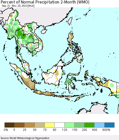 South East Asia Percent of Normal Precipitation 2-Month (WMO) Thematic Map For 9/21/2023 - 11/20/2023