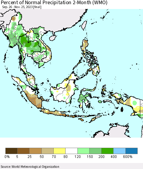 South East Asia Percent of Normal Precipitation 2-Month (WMO) Thematic Map For 9/26/2023 - 11/25/2023