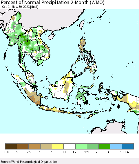 South East Asia Percent of Normal Precipitation 2-Month (WMO) Thematic Map For 10/1/2023 - 11/30/2023