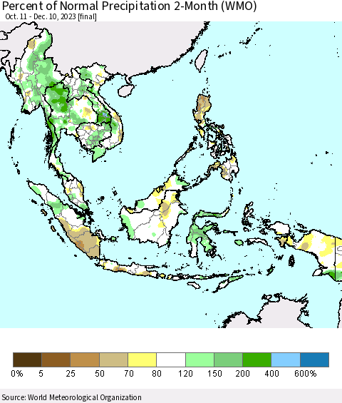 South East Asia Percent of Normal Precipitation 2-Month (WMO) Thematic Map For 10/11/2023 - 12/10/2023
